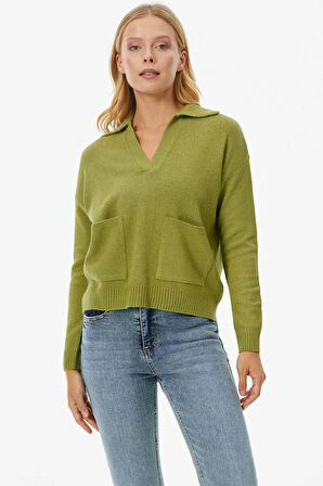 Polo Yaka Cepli Triko Kazak  - Yeşil