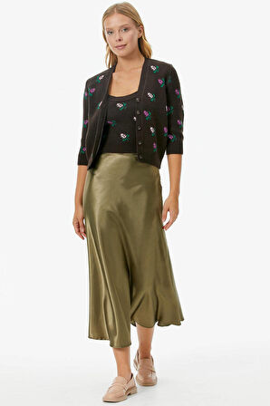 Çiçek Motifli Crop Triko Takım  - Kahve