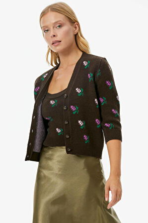 Çiçek Motifli Crop Triko Takım  - Kahve