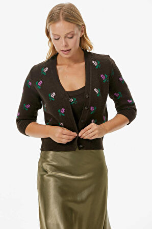 Çiçek Motifli Crop Triko Takım  - Kahve