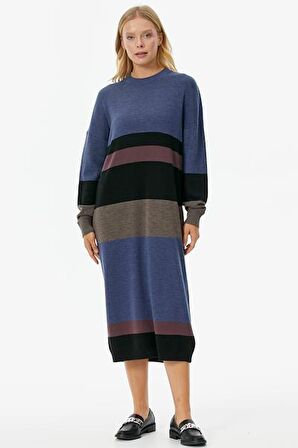 Blok Desen Renkli Triko Elbise - Siyah