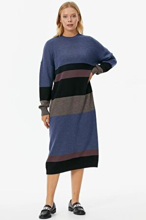 Blok Desen Renkli Triko Elbise - Siyah