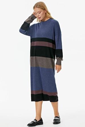 Blok Desen Renkli Triko Elbise - Siyah