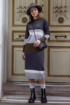 Blok Desen Renkli Triko Elbise - Gri