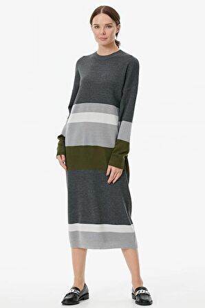 Blok Desen Renkli Triko Elbise - Gri