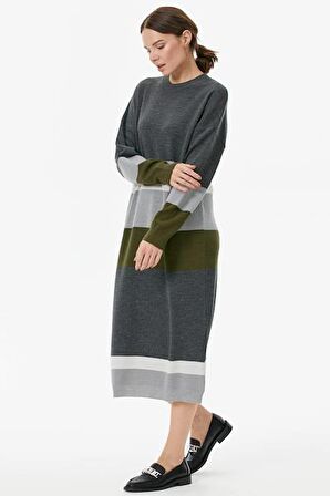 Blok Desen Renkli Triko Elbise - Gri