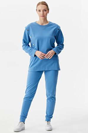 Sıfır Yaka ÇıtÇıt Detaylı Eşofman Takım - Mavi