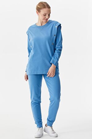 Sıfır Yaka ÇıtÇıt Detaylı Eşofman Takım - Mavi