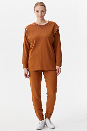 Sıfır Yaka ÇıtÇıt Detaylı Eşofman Takım - Tarçın