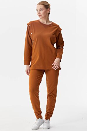 Sıfır Yaka ÇıtÇıt Detaylı Eşofman Takım - Tarçın