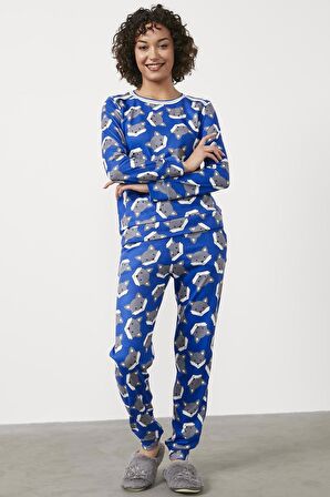 Termal Kumaş Triko Kombinli Pijama Takım - Saks