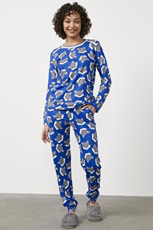 Termal Kumaş Triko Kombinli Pijama Takım - Saks