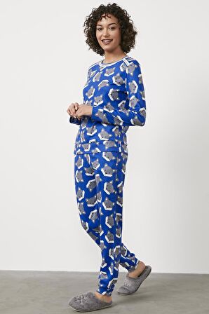 Termal Kumaş Triko Kombinli Pijama Takım - Saks