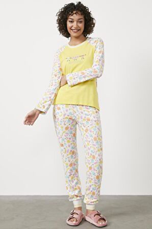 Desenli Termal Pijama Takım - Sarı