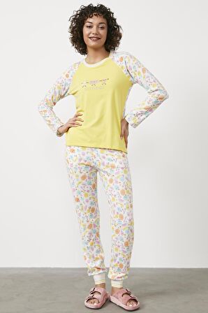 Desenli Termal Pijama Takım - Sarı