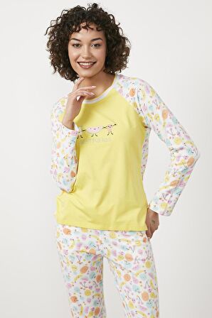 Desenli Termal Pijama Takım - Sarı