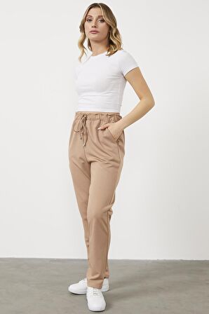 Büyük Beden Beli Lastikli Eşofman Altı - Bej