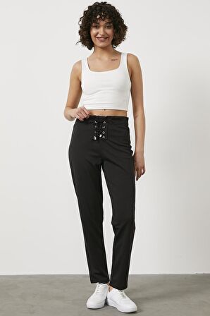 Beli Lastikli Önü İp Detaylı Eşofman Alt - Siyah