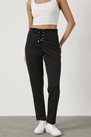 Beli Lastikli Önü İp Detaylı Eşofman Alt - Siyah