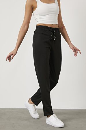 Beli Lastikli Önü İp Detaylı Eşofman Alt - Siyah