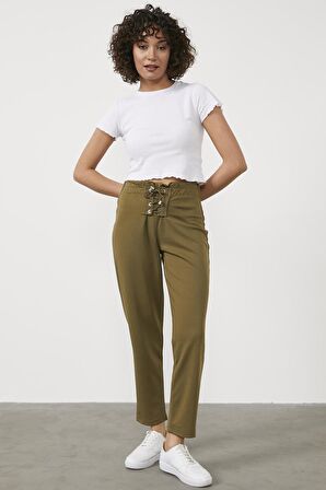 Beli Lastikli Önü İp Detaylı Eşofman Alt - Haki