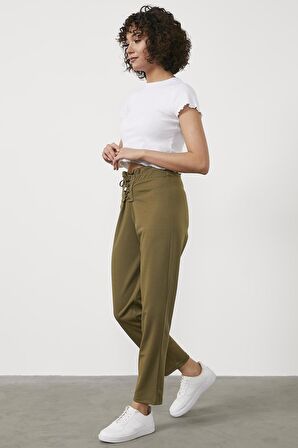 Beli Lastikli Önü İp Detaylı Eşofman Alt - Haki