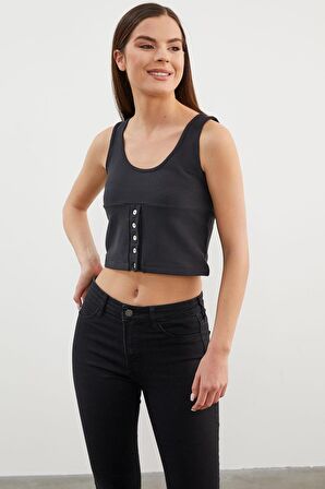 Askılı Düğme Detaylı Ribana Crop Tişört - Siyah