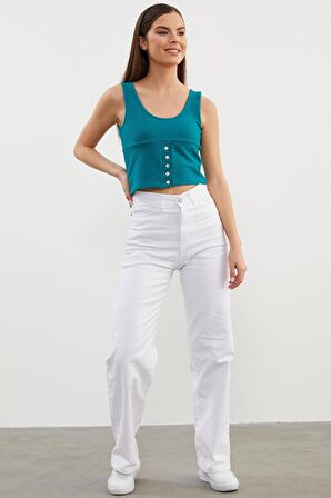 Askılı Düğme Detaylı Ribana Crop Tişört - Petrol