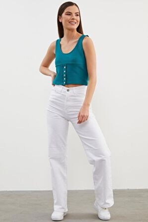 Askılı Düğme Detaylı Ribana Crop Tişört - Petrol