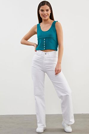 Askılı Düğme Detaylı Ribana Crop Tişört - Petrol