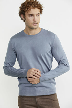 Erkek Sıfır Yaka Basic Triko Kazak - Mavi