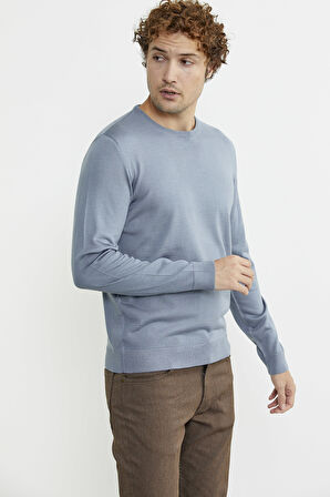 Erkek Sıfır Yaka Basic Triko Kazak - Mavi