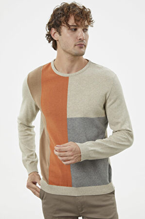 Çok Renkli Blok Desen Triko Kazak - Krem