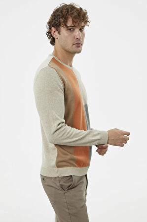 Çok Renkli Blok Desen Triko Kazak - Krem