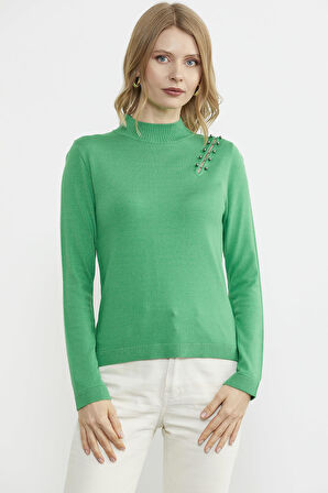 Omuz Aksesuarlı Triko Kazak - Yeşil