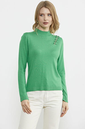 Omuz Aksesuarlı Triko Kazak - Yeşil