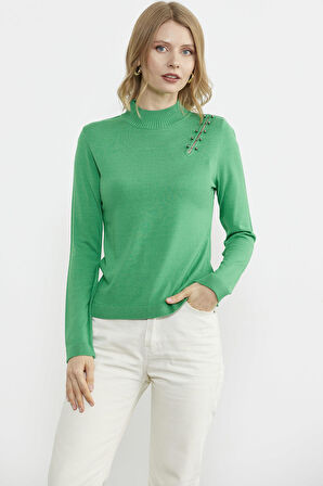 Omuz Aksesuarlı Triko Kazak - Yeşil