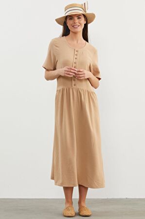 Geniş Beden Belden Büzgülü Krep Elbise - Bej