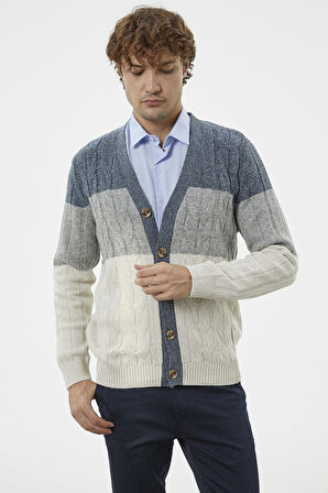 Blok Renk Geçişli Triko Hırka - Beyaz