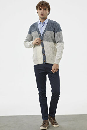 Blok Renk Geçişli Triko Hırka - Beyaz