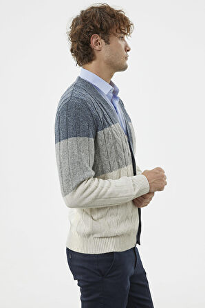 Blok Renk Geçişli Triko Hırka - Beyaz