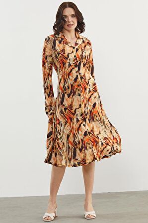 Yaprak Desenli Renkli Gömlek Elbise - Oranj