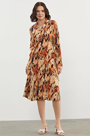 Yaprak Desenli Renkli Gömlek Elbise - Oranj