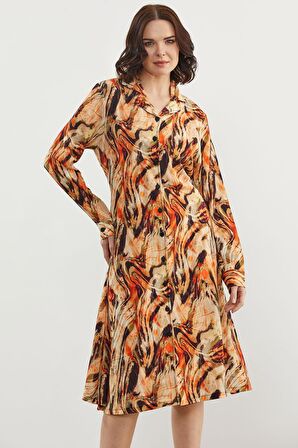 Yaprak Desenli Renkli Gömlek Elbise - Oranj