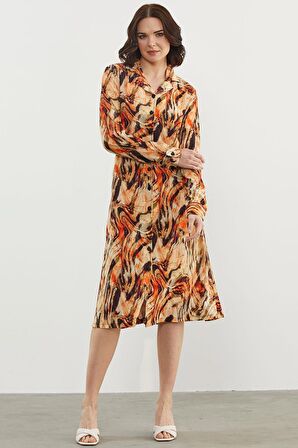Yaprak Desenli Renkli Gömlek Elbise - Oranj