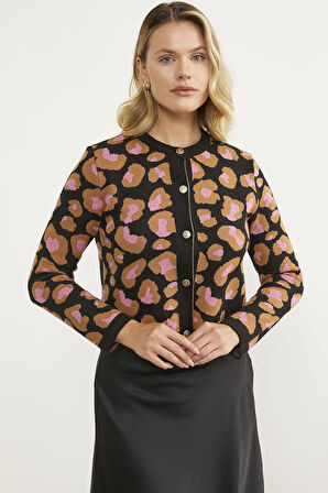 Leopar Desenli Triko Hırka - Siyah