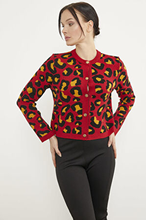 Leopar Desenli Triko Hırka - Kırmızı