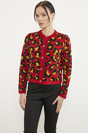 Leopar Desenli Triko Hırka - Kırmızı