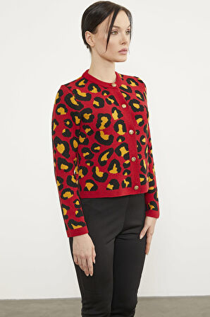 Leopar Desenli Triko Hırka - Kırmızı