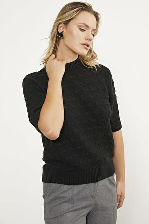 Fiyonk Desenli Kısa Kol Triko Süveter - Siyah